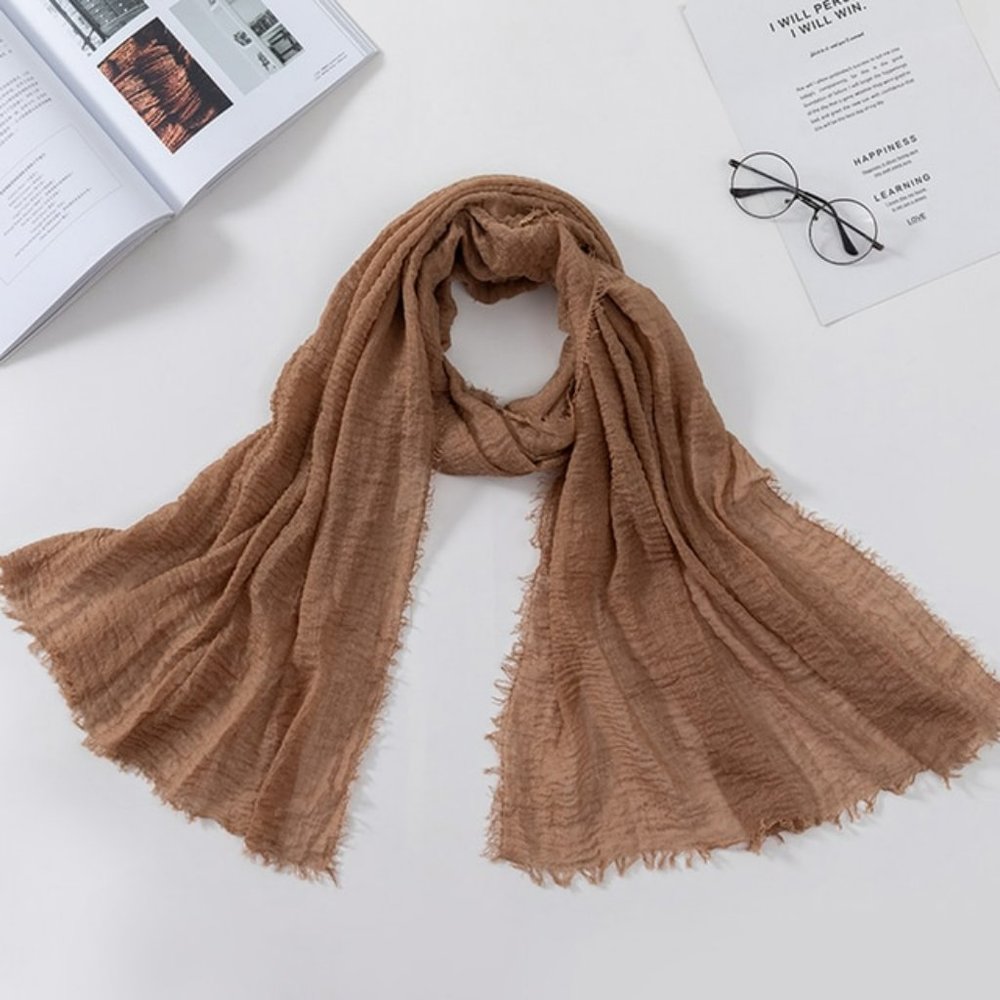 Women Long Cotton Scarf Shawl Turban Soft Solid Colour - Light Brown